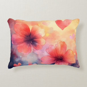 Coquelicots & Cœurs – Coussin Romantique Aquarelle