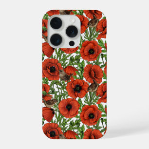 Coquelicots et roitelets rouges, feuilles vertes s