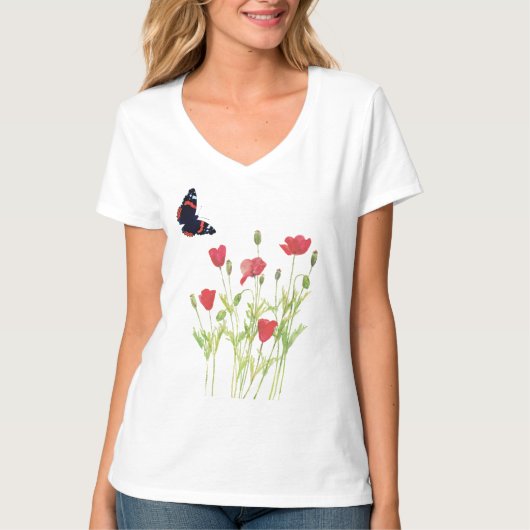 Coquelicots, papillon amiral T-Shirt (Devant)