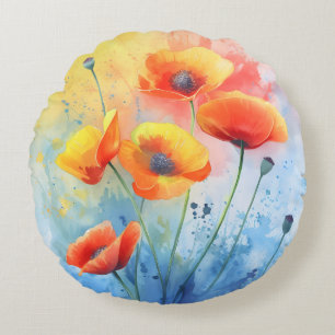 Coquelicots Rouges – Coussin Rond Jeté en Aquarell