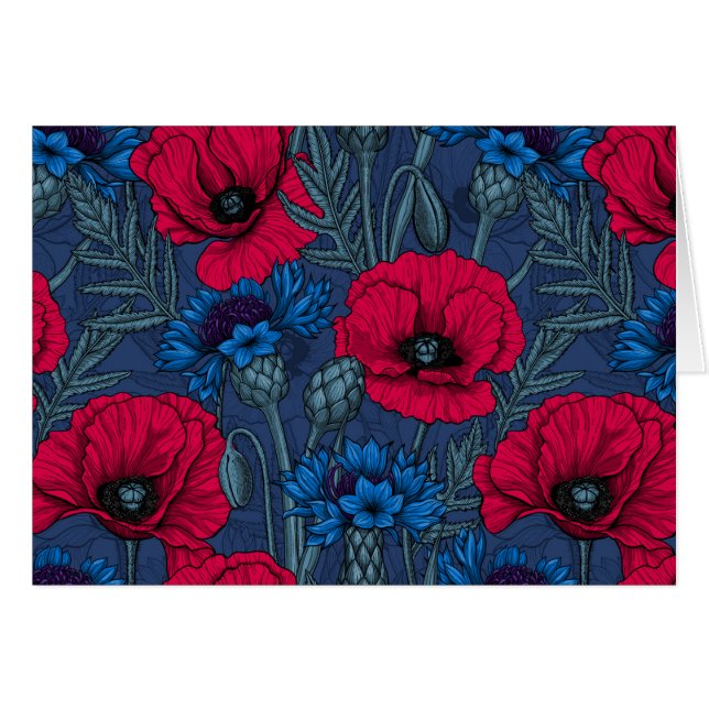 Coquelicots rouges et fleurs bleues sur bleu (Devant horizontal)