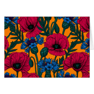 Coquelicots rouges et fleurs de maïs bleues sur or