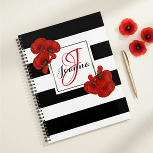 Coquelicots rouges sur fond rayé noir et blanc