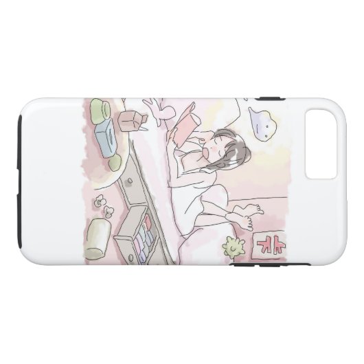 COQUES Case-Mate iPhone さにいれじ　ピンク色の寝室の明るい照明の下で寝転んで本を読みながらくつろぐ女性のイラスト (Dos (Horizontal))