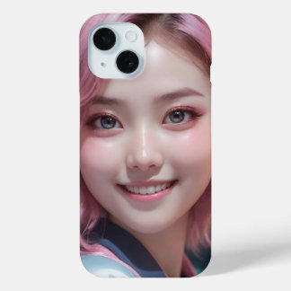 COQUE POUR iPhone 15 パステル・サイバー：ピンクヘアの幻想的なデジタル肖像