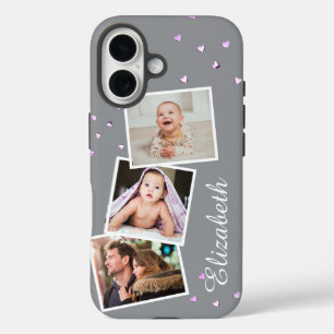 Coques iPhone 16 3 images Grey tendance avec Coeurs