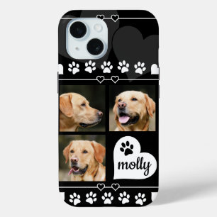 Coque Pour iPhone 15 3 Photo Collage Nom du chien Coeur noir et blanc