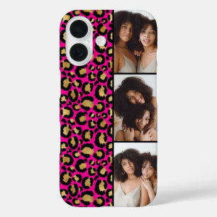 Coques iPhone 16 3 Photo Rose Chaud Et Imprimé Léopard Doré