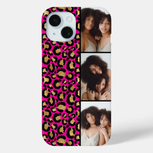 Coque Pour iPhone 15 3 Photo Rose Chaud Et Imprimé Léopard Doré