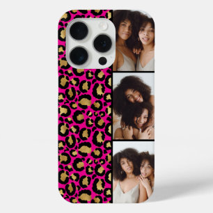 Coque iPhone 15 Pro 3 Photo Rose Chaud Et Imprimé Léopard Doré