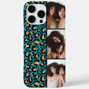 Coques iPhone 16 Pro Max 3 Photo Turquoise Et Imprimé Léopard Doré