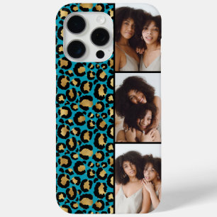 Coque iPhone 15 Pro Max 3 Photo Turquoise Et Imprimé Léopard Doré