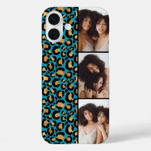 Coques iPhone 16 Plus 3 Photo Turquoise Et Or Imprimé Léopard