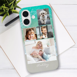 Coques iPhone 16 4 photos de famille ou d'amis, nom de script, plag