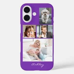 Coques iPhone 16 4 photos de famille ou d'amis, nom de script sur f