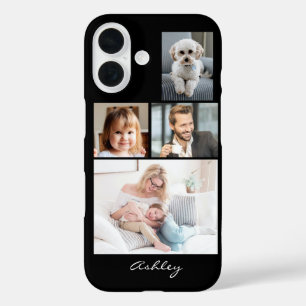 Coques iPhone 16 4 photos de famille ou d'amis, nom écrit sur fond