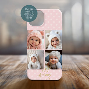 Coque Pour iPhone 14 4 photos en collage - points rose blush, écriture
