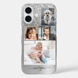 Coques iPhone 16 4 Photos, Métal Faux Argent Brossé, Paillettes, No