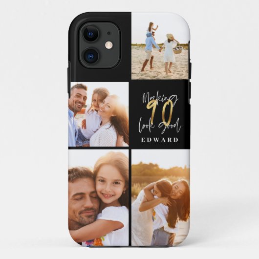 Coques Case-Mate iPhone 90e anniversaire photo collage noir or typographie (Dos)