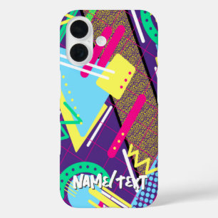 Coques iPhone 16 90s Motif, Vintage rétro années 90 Géométrique ble