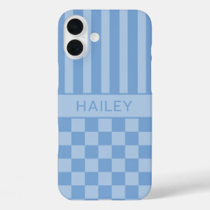 Coques iPhone 16 Plus À carreaux bleus rayés Personnalisé