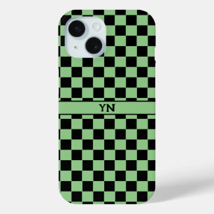 Coque Pour iPhone 15 à damiers (à damiers) Noir et Vert Initiales Nom