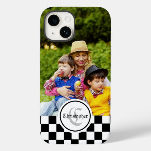 Coque Pour iPhone 14 à damiers photo personnalisée et monogramme