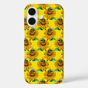 Coques iPhone 16 Abeille sur motif de fleur de tournesol jaune
