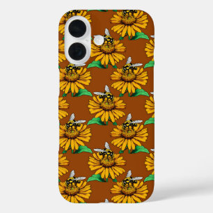 Coques iPhone 16 Abeille sur motif de fleur de tournesol marron