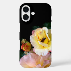 Coques iPhone 16 Abeille sur roses rose jaune Fleurs