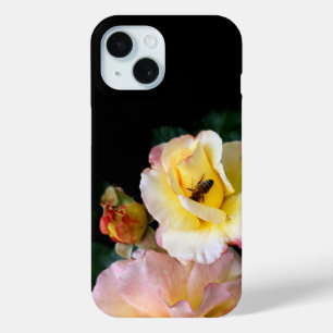 Coque Pour iPhone 15 Abeille sur roses rose jaune Fleurs