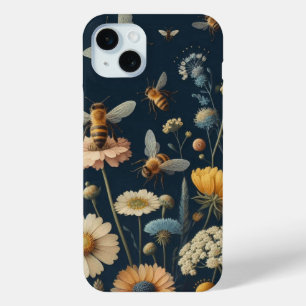 Coque iPhone 15 Mini Abeilles et Fleurs Sauvages sur Fond Bleu Foncé