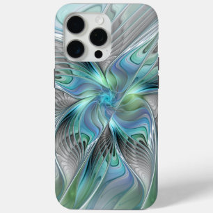 Coque iPhone 15 Pro Max Abstrait Bleu Vert Papillon Imaginaire Fractal Art