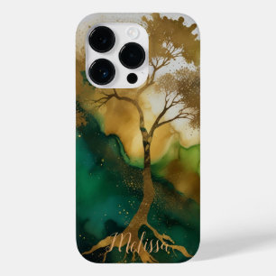 Coque Pour iPhone 14 Pro Abstrait Fluid green Gold tree Personnalisez le no