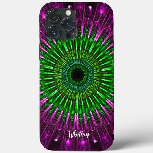 Coques Case-Mate iPhone Abstrait moderne vert violet fractal Mandala Nom (Verso)