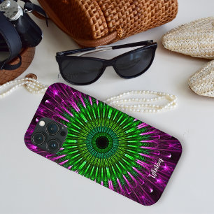 Case-Mate iPhone Case Abstrait moderne vert violet fractal Mandala Nom