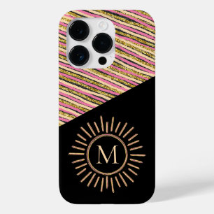 Coque Pour iPhone 14 Pro Abstrait Monogramme Or rose rayures