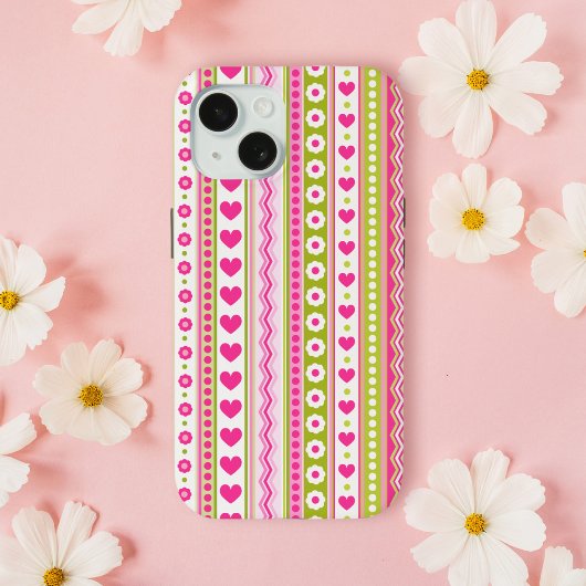 Coques Case-Mate iPhone Abstrait motif vert rose + points fleurs coeurs