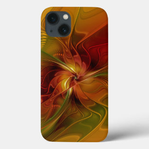 iPhone 13 Coque Abstrait Rouge Orange Brown Vert Fractal Art Flowe
