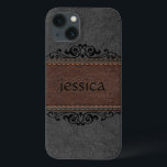 Etui iPhone Case-Mate Accents Floraux Noir Et Brown En Cuir Noir<br><div class="desc">Image de look vintage vieilli,  cuir cousu noir et marron avec élément floral noir accent et monogramme personnalisable.</div>