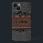 Etui iPhone Case-Mate Accents Floraux Noir Et Brown En Cuir Noir<br><div class="desc">Image de look vintage vieilli,  cuir cousu noir et marron avec élément floral noir accent et monogramme personnalisable.</div>