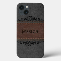 Accents Floraux Noir Et Brown En Cuir Noir