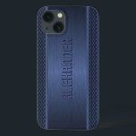 iPhone 13 Coque Accents géométriques d'aluminium brossé en métal b<br><div class="desc">Arrière - plan métallique bleu foncé,  simple look d'aluminium brossé avec des accents motifs de bandes géométriques bleues. monogramme personnalisé et optionnel. Disponible sur d'autres produits</div>