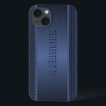 iPhone 13 Coque Accents géométriques d'aluminium brossé en métal b<br><div class="desc">Arrière - plan métallique bleu foncé, simple look d'aluminium brossé avec des accents motifs de bandes géométriques bleues. monogramme personnalisé et optionnel. Disponible sur d'autres produits</div>