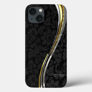 Etui iPhone 13 Accents Noir Damas Argent & Or