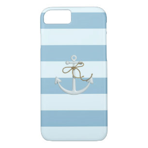 Coque iPhone 7 Adorable Ancre nautique sur les rayures bleu clair