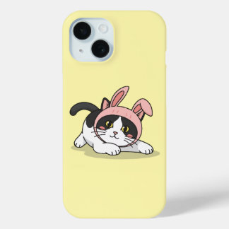 Coque Pour iPhone 15 Adorable Tuxedo Cat in Pink Bunny Hat Aesth