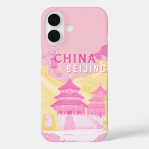 Coques iPhone 16 Affiche de voyage à Pékin Chine   Art rose et jaun