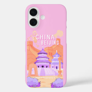 Coques iPhone 16 Affiche de voyage à Pékin Chine   Art rose et lava