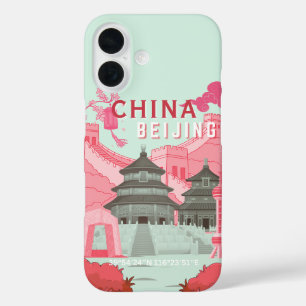 Coques iPhone 16 Affiche de voyage à Pékin Chine   Art vert menthe,